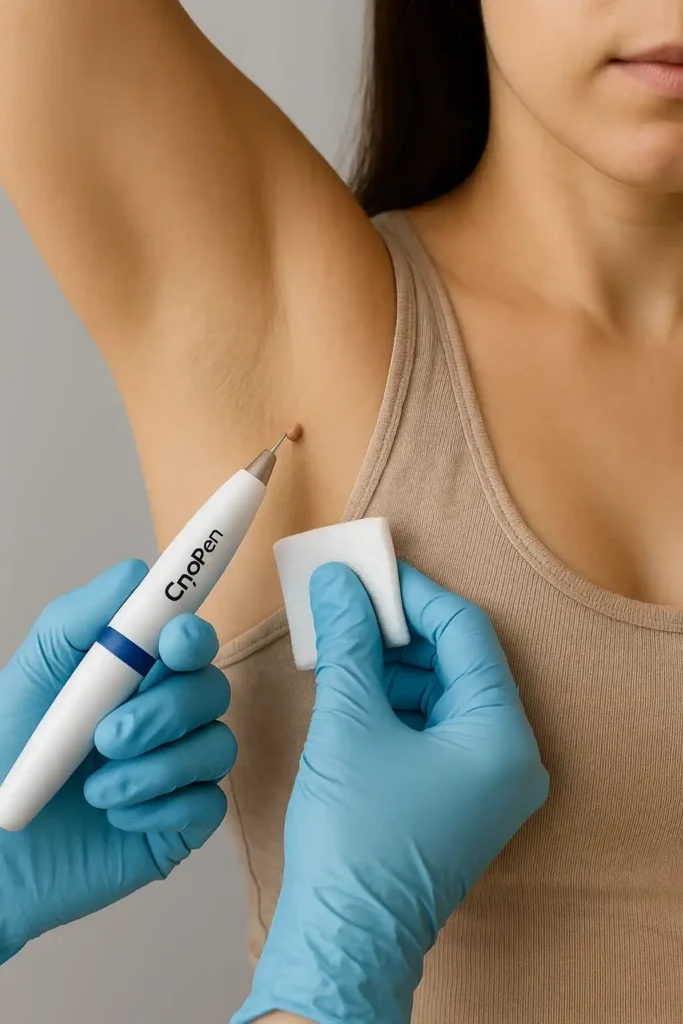 woman having cryopen to remove underarm skin tags Bedford